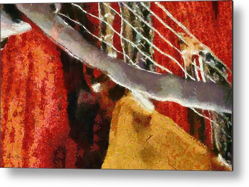 Guitar; Music; Orange; Gretsch; Musician; Band; Notes; Scale; Instrument; Strumming; Playing; Metal Print featuring the painting Orange Guitar by Russ Harris