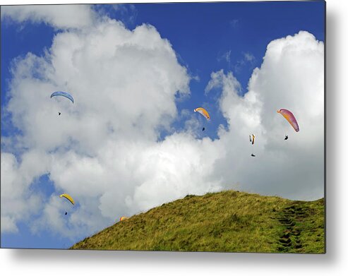 Bright Metal Print featuring the photograph Paragliders Above Mam Tor by Rod Johnson