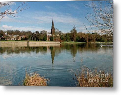 Landscape - Country - England - Park - Church - Trees - Lake - Stables - Clumber - Water Metal Print featuring the photograph Peaceful Reflection by Chris Horsnell