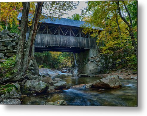 Flume Gorge Covered Bridge Metal Print featuring the photograph Pemigewasset River under the Flume Gorge covered bridge by Jeff Folger