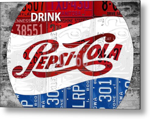 Pepsi Metal Print featuring the mixed media Pepsi Cola Vintage Logo Recycled License Plate Art on Brick Wall by Design Turnpike