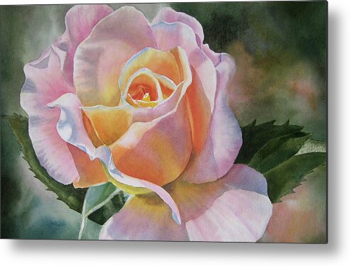 Rose Metal Print featuring the painting Pink and Peach Rose Bud by Sharon Freeman