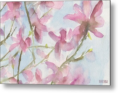 Floral Metal Print featuring the painting Pink Magnolias Blue Sky by Beverly Brown
