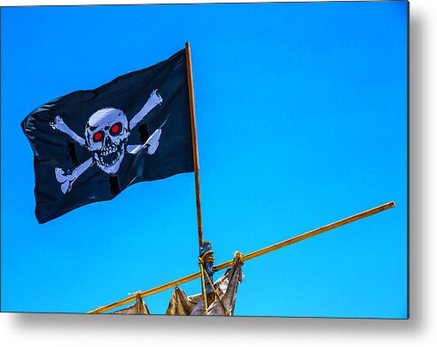 Pirate Flag Skull Cross Bones Metal Print featuring the photograph Pirates Death Black Flag by Garry Gay
