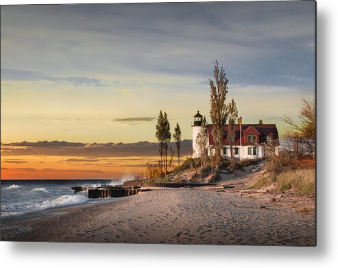 Art Metal Print featuring the photograph Point Betsie Lighthouse at Sunset on Lake Michigan by Randall Nyhof