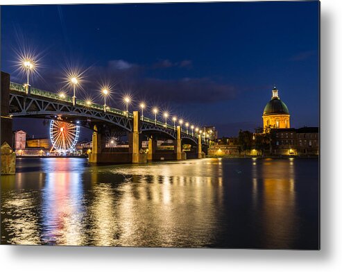 Bridge Metal Print featuring the photograph Pont Saint-PIerre with street lanterns at night by Semmick Photo