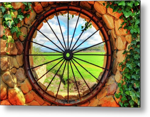 Fence Wall Grass Wheel Spokes Ivy Metal Print featuring the photograph Portal by Wendell Ward