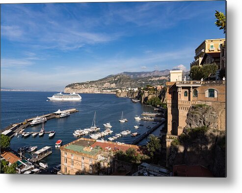 Sorrento Metal Print featuring the photograph Postcard from Sorrento Italy - the Harbor the Boats and the Famous Clifftop Hotels by Georgia Mizuleva