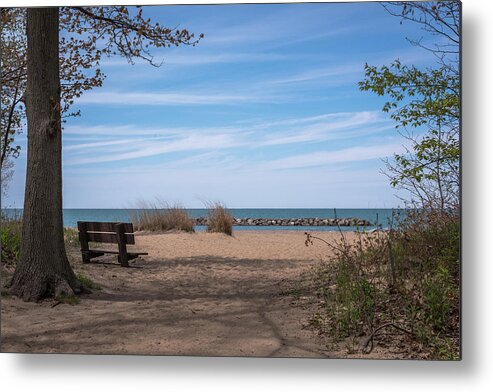 Terry D Photography Metal Print featuring the photograph Presque Isle Beach Bench Lake Erie PA by Terry DeLuco