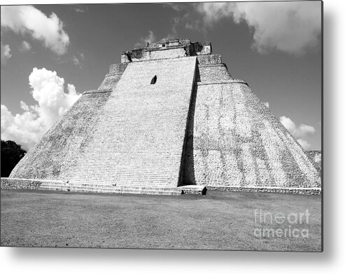 Travelpixpro Uxmal Metal Print featuring the photograph Pyramid of the Magician at Uxmal Mexico Black and White by Shawn O'Brien