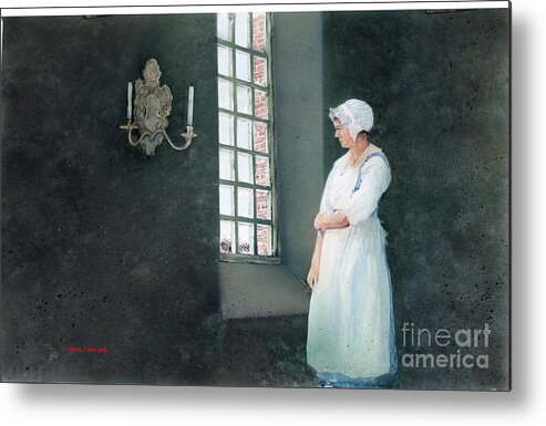 A Teenage Girl Pauses At A Window For A Moment Of Quiet Thoughts At The Fortress Of Louisburg National Historical Park On Cape Breton Island Metal Print featuring the painting Quiet Thoughts by Monte Toon