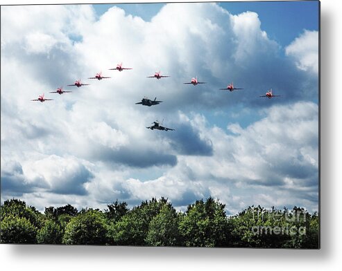 Red Arrows With F35 And Typhoons Metal Print featuring the digital art RAF Fly By by Airpower Art