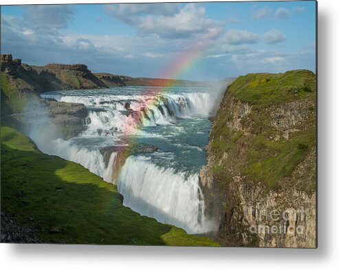 Golden Falls Metal Print featuring the photograph Rainbow at Gullfoss Iceland by Michael Ver Sprill