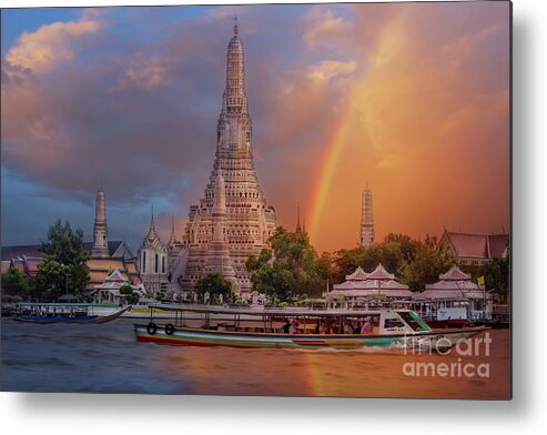Chao Phraya River Metal Print featuring the photograph Rainbow Over Wat Arun, Bangkok, Thailand by Liesl Walsh