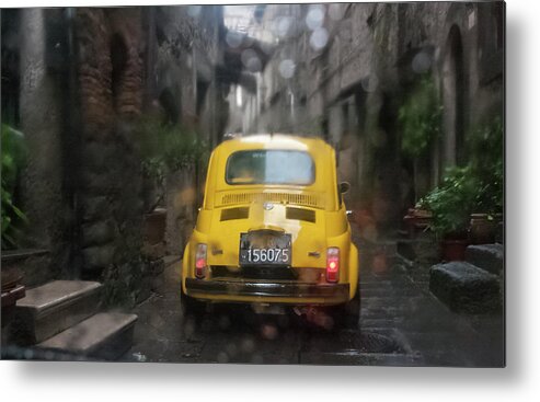 Yellow Metal Print featuring the photograph Rainy Fiat Parade, Italy by Kathleen McGinley