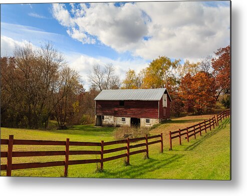 Fence Metal Print featuring the photograph Red Barn on a Fall Day by Joni Eskridge