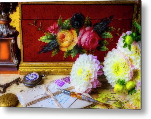 Red Metal Print featuring the photograph Red Letter Box And Dahlias by Garry Gay