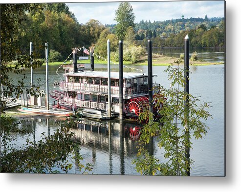 Paddle Wheeler; Boats; Leisure; Summer; Peaceful; Willamette River; Salem; Oregon; Willamette Queen; Riverfront City Park; Carousel; Paddle Wheel Metal Print featuring the photograph Red Paddle Wheel by Tom Cochran