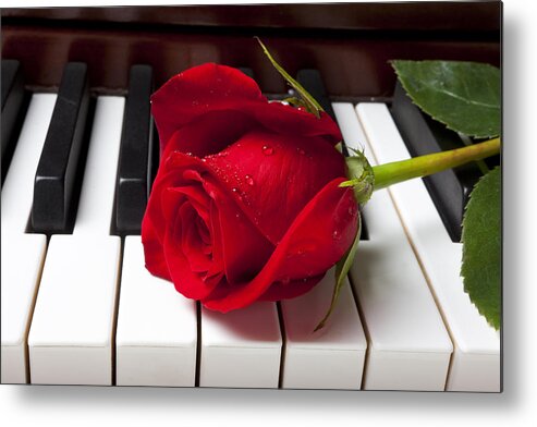 Red Rose Roses Metal Print featuring the photograph Red rose on piano keys by Garry Gay