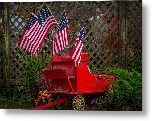 Red Metal Print featuring the photograph Red Wagon With Flags by Garry Gay