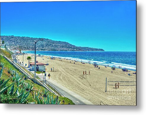 Redondo Beach Torrence Beach; Beach City; Southern California South Bay; Beach; Crowed Beach; People; Surf; Rough Ocean; Waves; Sunny Day; Sunshine; Coastline; Animals; Pier; Landscape; Summer; Landscaped; Beauty; Nature; Scenics; Usa; Surf; Beautiful; Sea; Sky; Beaches; Orange County; Reflection; Sunlight; Sand; Travel Location; Water; Wave; Sun; Southern California; Awe; Weather; Tide; Wave Pattern; Photography; Scene; Outdoors; Nature; Vacation; Travel Destinations; Colors; Blue; Yellow Metal Print featuring the photograph Redondo - Torrance Beach by David Zanzinger