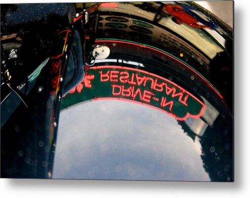 Cars Metal Print featuring the photograph Reflected Neon Sign in Car Hood by Polly Castor