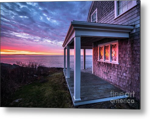 Bailey Island Metal Print featuring the photograph Reflections of Sunrise in Cottage Windows by the Sea by Benjamin Williamson