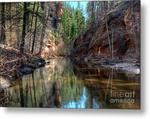 Water Reflections Nature Rocks Trees Cliffs Mountains Outdoors Color Green Red Blue Landscape Sedona Northern Arizona Westfork Sky Clear Day Metal Print featuring the photograph Reflections of Westfork by Thomas Todd