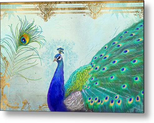 Peacock Metal Print featuring the painting Regal Peacock 2 w Feather n Gold Leaf French Style by Audrey Jeanne Roberts