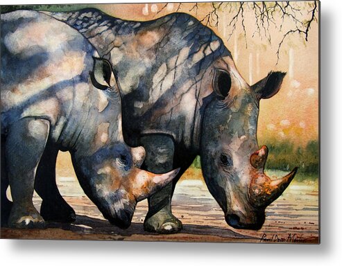 Rhino Metal Print featuring the painting Rhinos in dappled shade. by Paul Dene Marlor