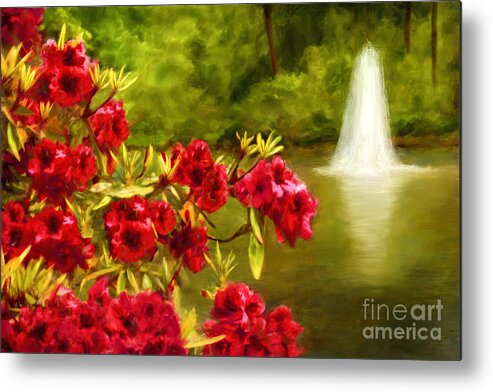 Painting Metal Print featuring the painting Painted Rhododendrons Fountain In Pond  by Sherry Curry