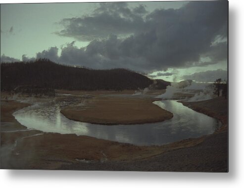 Yellowstone National Park Metal Print featuring the photograph River Reflecting Sky Clouds and Steam by Robert E Alter Reflections of Infinity