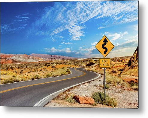 Vegas Metal Print featuring the photograph Road Sign for Curves in Desert by Darryl Brooks