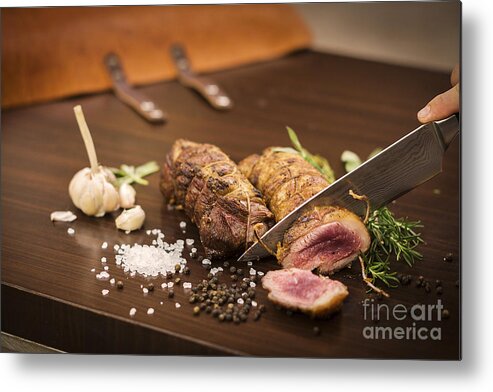 Meat Metal Print featuring the photograph Roast Pork Rolls Being Sliced by JM Travel Photography