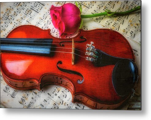 Red Metal Print featuring the photograph Romantic Violin And Rose by Garry Gay