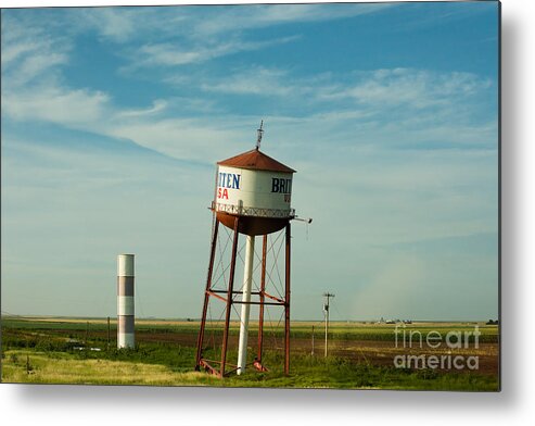 Route Metal Print featuring the photograph Route 66 and the Leaning Water Tower of Britten by Mary Jane Armstrong