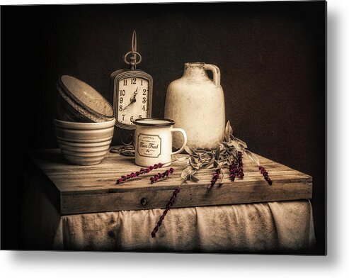 Vintage Rustic Table Setting with Crockery Metal Poster featuring the photograph Rustic Table Setting Still Life by Tom Mc Nemar