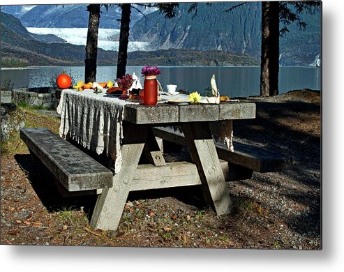 Picnic Table Metal Print featuring the photograph Rustic Tea Table 2 by Cathy Mahnke