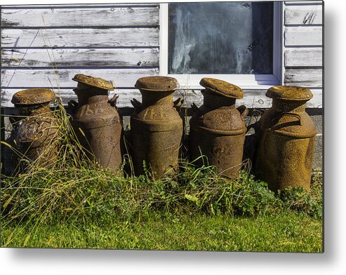 White Metal Print featuring the photograph Rusty Milk Cans by Garry Gay
