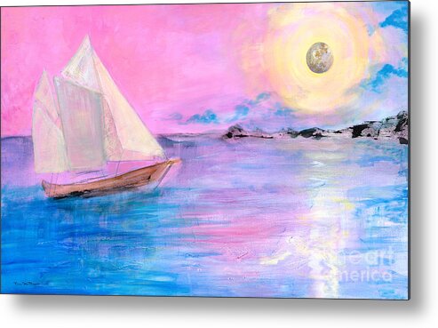 Sailboat Metal Print featuring the painting Sailboat in Pink Moonlight by Robin Pedrero