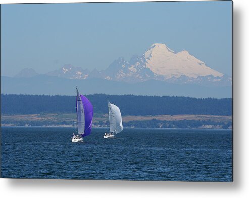 Sailboats Metal Print featuring the photograph Sailboats and Mt. Baker BO1090 by Mary Gaines