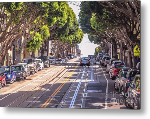 Urban Metal Print featuring the photograph San Francisco cable car tracks by Claudia M Photography
