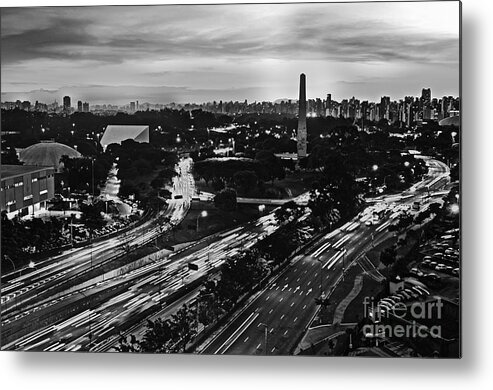 Skyline Metal Print featuring the photograph Sao Paulo Skyline - Ibirapuera and Obelisk - Black and White by Carlos Alkmin