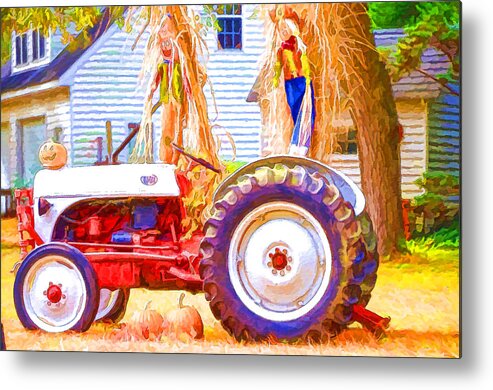 Agricultural Metal Print featuring the painting Scarecrow and Pumpkins by Jeelan Clark