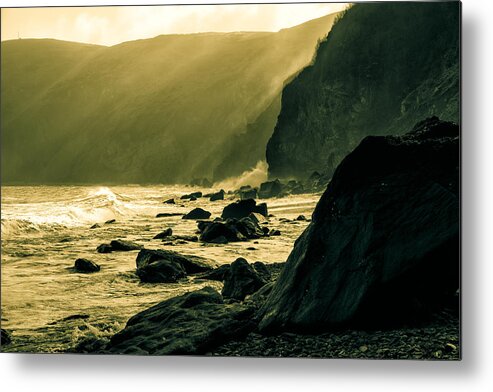 Devon Metal Print featuring the photograph Sea Fret on Lynmouth Beach in shades of yellow. by John Paul Cullen