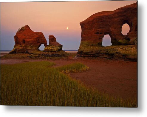 Coastal Metal Print featuring the photograph Sea Stacks And Moon At Twilight by Irwin Barrett