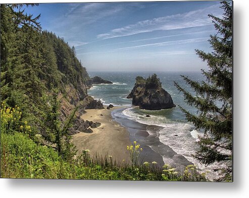 Oregon Metal Print featuring the photograph Sea Stacks and Wildflowers by Harold Rau