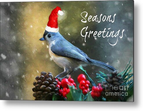 Christmas Card Metal Print featuring the mixed media Seasons Greetings Titmouse by Tina LeCour