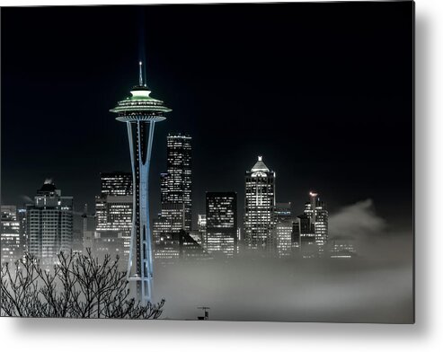 Seattle Metal Print featuring the photograph Seattle Foggy Night Lights in BW by Ken Stanback