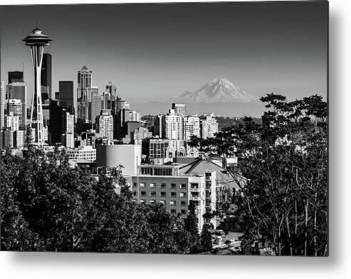 Space Needle Metal Print featuring the photograph Seattle Skyline with Mount Rainier in the background in Black and White by Mati Krimerman